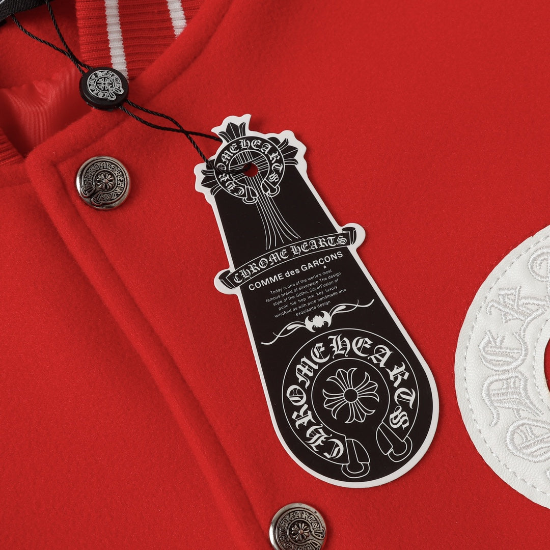 Chrome Hearts Red Cross Varsity Jacket - White Sleeve Gothic Street Baseball Coat D68